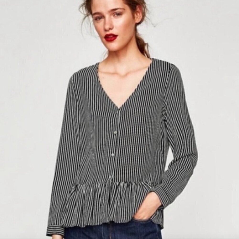 Zara Black & White Stripe Button Front Peplum Long Sleeve L‎